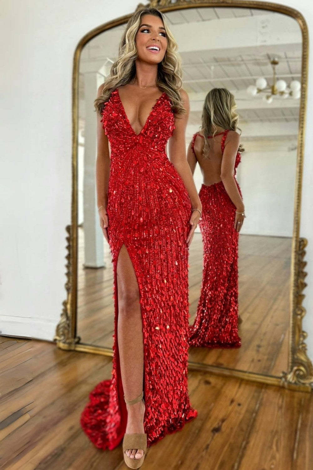 Sparkly Gold Fully Beaded Prom Dress with Deep V Neck Slit and Open Back