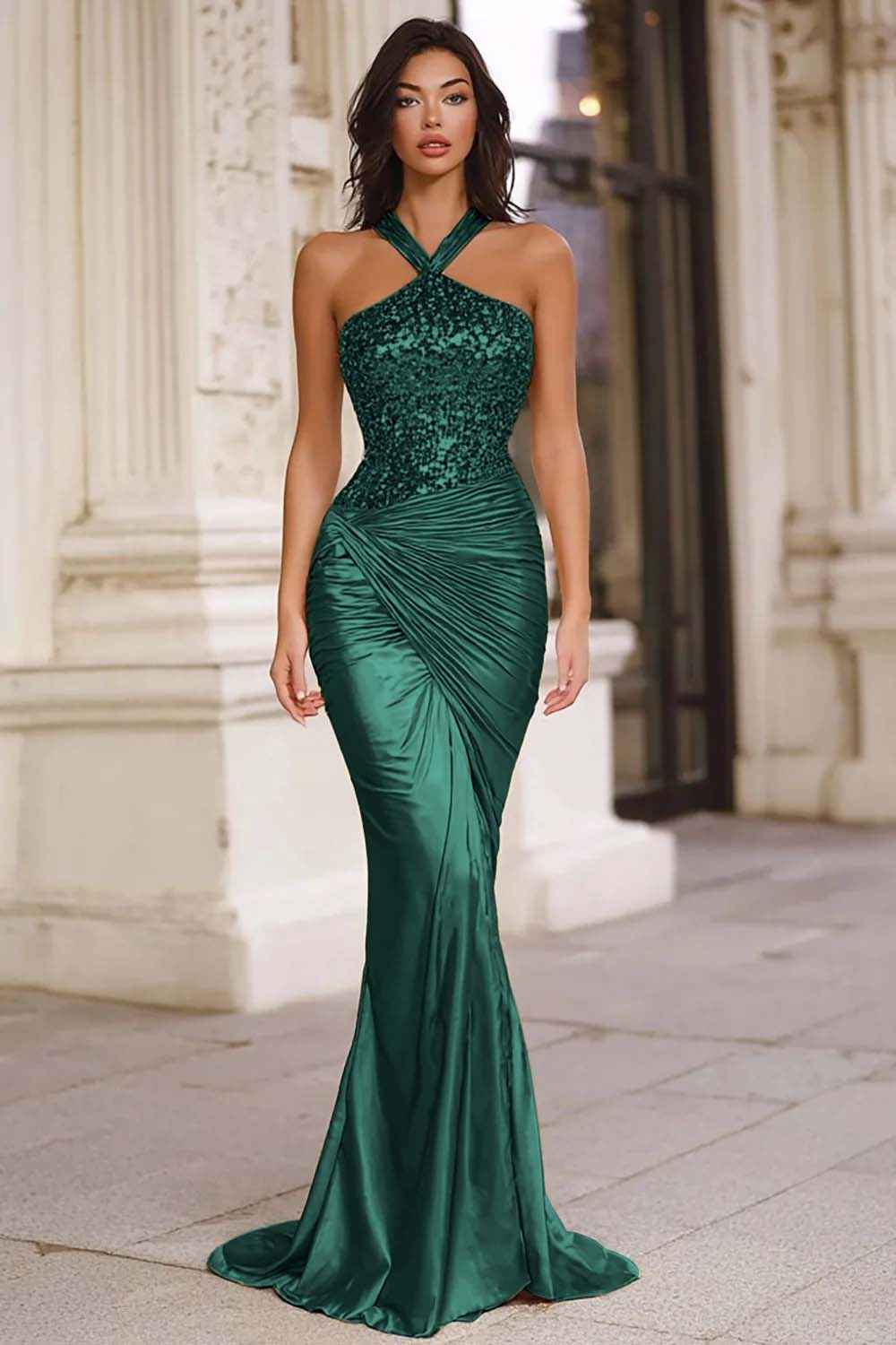 Sparkly Gold Mermaid Halter Ruched Long Prom Dress with Sequins