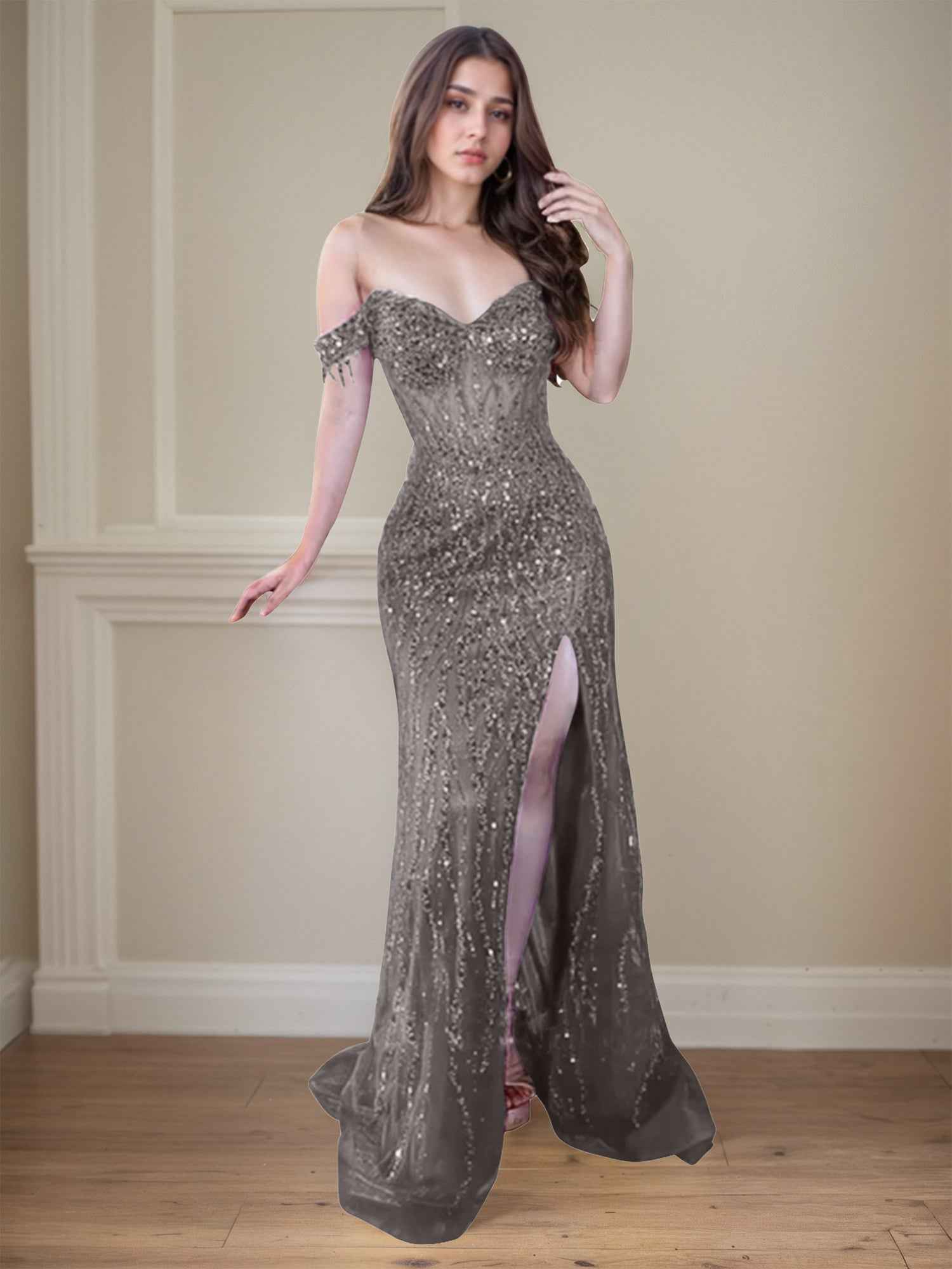 Red Off-the-Shoulder Beaded Tulle Long Prom Dress with Swirling Sequins