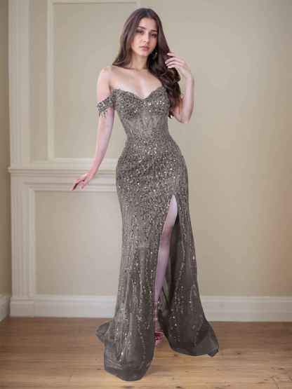 Red Off-the-Shoulder Beaded Tulle Long Prom Dress with Swirling Sequins