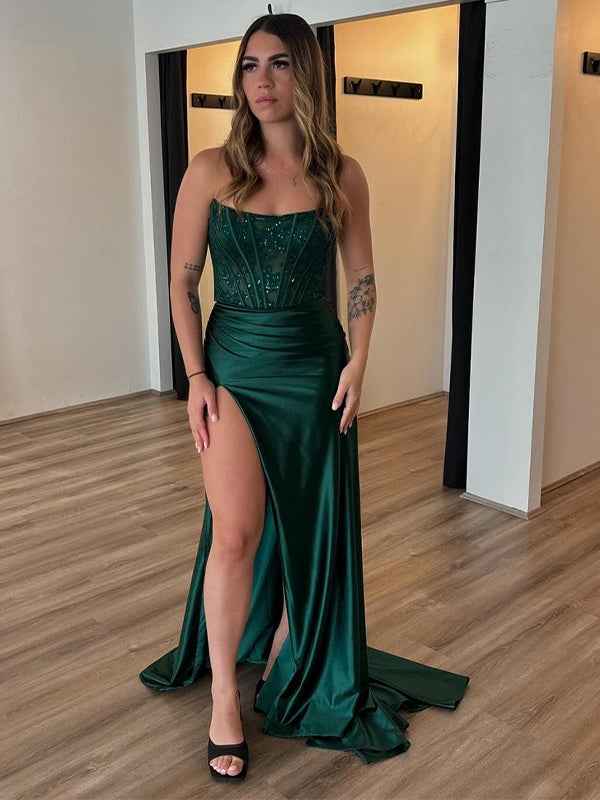 Dark Green Mermaid Strapless Appliques Long Prom Dress with Slit
