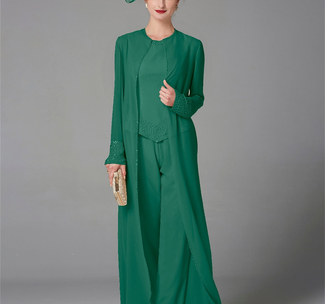 Long-Sleeve Chiffon Pantsuit with Jacket and Sequins for the Mother of the Bride