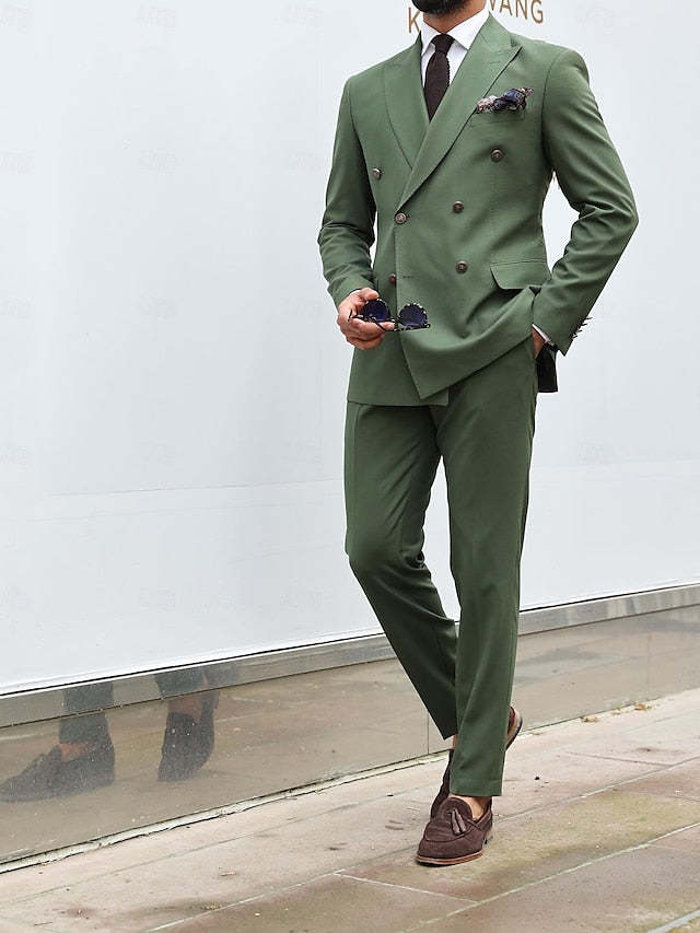 Double-Breasted Six-Button Tailored Fit Wedding Suit For Men 2-Piece Set