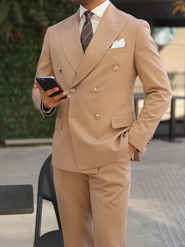 Double-Breasted Six-Button Tailored Fit Wedding Suit For Men 2-Piece Set