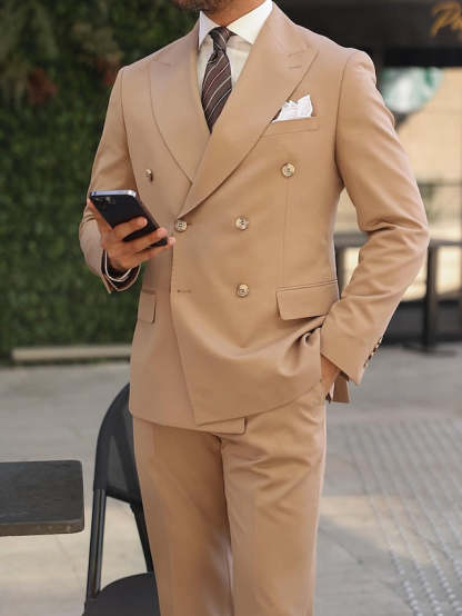 Double-Breasted Six-Button Tailored Fit Wedding Suit For Men 2-Piece Set