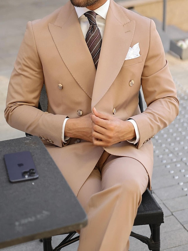 Double-Breasted Six-Button Tailored Fit Wedding Suit For Men 2-Piece Set