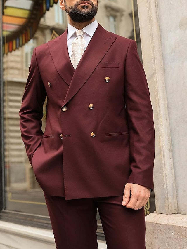 Double-Breasted Six-Button Tailored Fit Wedding Suit For Men 2-Piece Set