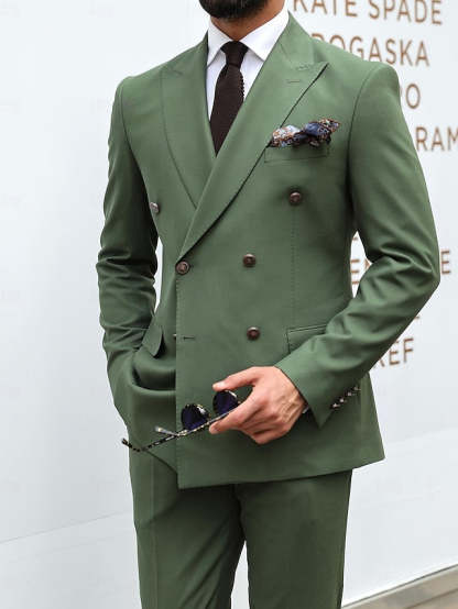 Double-Breasted Six-Button Tailored Fit Wedding Suit For Men 2-Piece Set