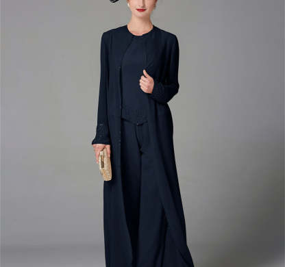Long-Sleeve Chiffon Pantsuit with Jacket and Sequins for the Mother of the Bride