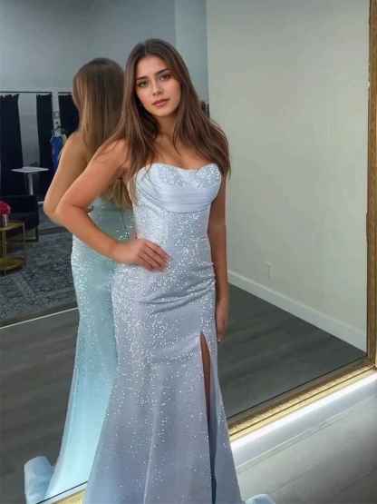 Dazzling Crystal Strapless Neckline Long Prom Dress with Slit