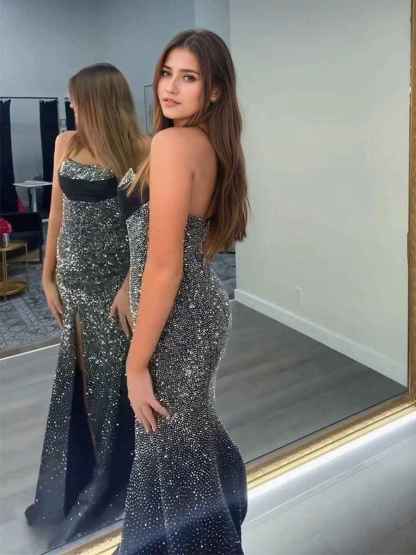 Dazzling Crystal Strapless Neckline Long Prom Dress with Slit