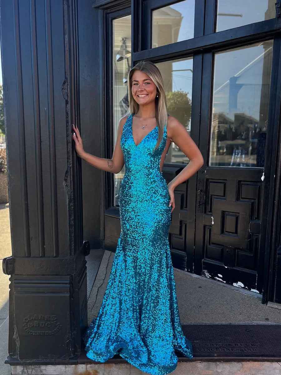 Dazzling Plunging V-Neck Sequin Mermaid Prom Dress