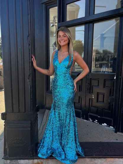 Dazzling Plunging V-Neck Sequin Mermaid Prom Dress