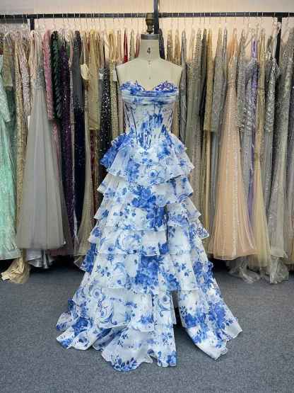 Dramatic Tiered Ruffle Prom Dress with Corset Bodice