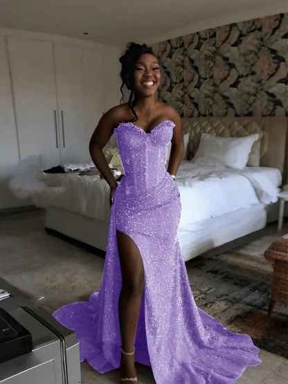 Glitter Strapless Mermaid Sequined Long Prom Dress with Slit