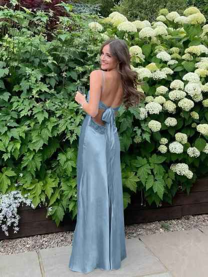 Blue A Line V-neck Beaded Back Tie Long Prom Dress