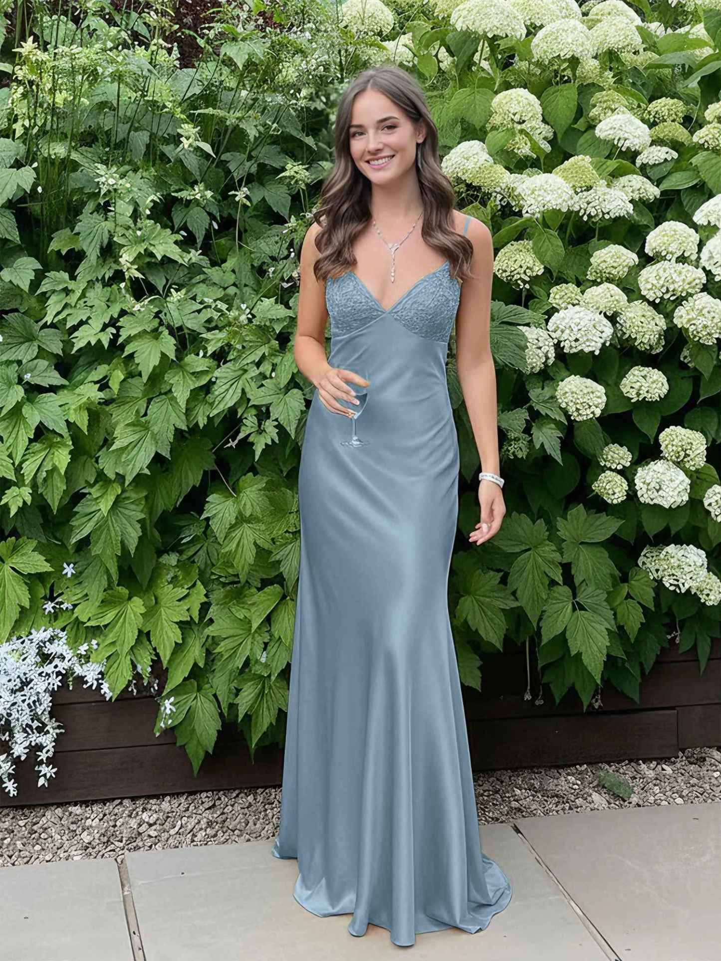 Blue A Line V-neck Beaded Back Tie Long Prom Dress