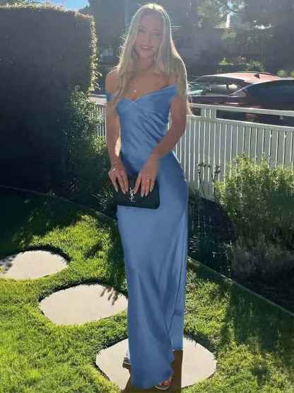 Aqua Mermaid Off The Shoulder Sheath Satin Long Prom Dress