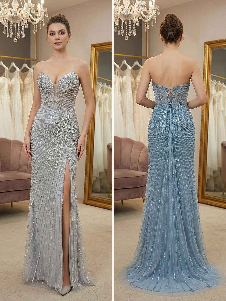 Dusty Blue Linear Beaded Long Corset Prom Dress with High Slit