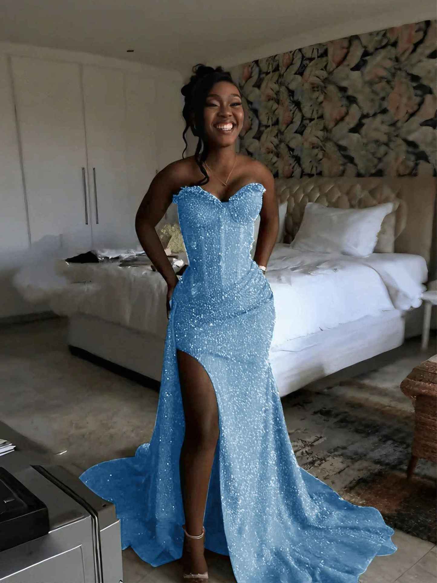 Glitter Strapless Mermaid Sequined Long Prom Dress with Slit