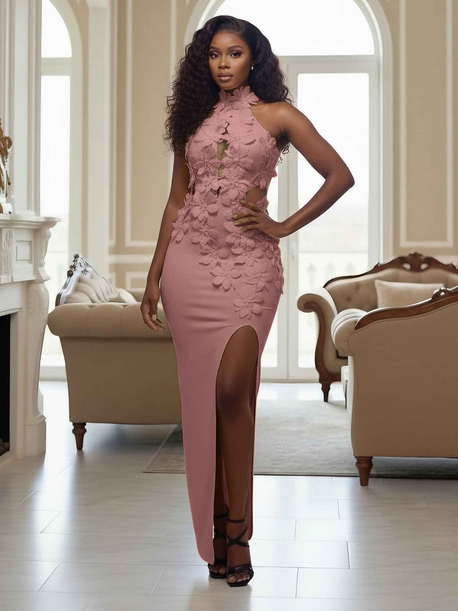 Yellow Halter Neck 3D Flower Mermaid Long Prom Dress with Slit