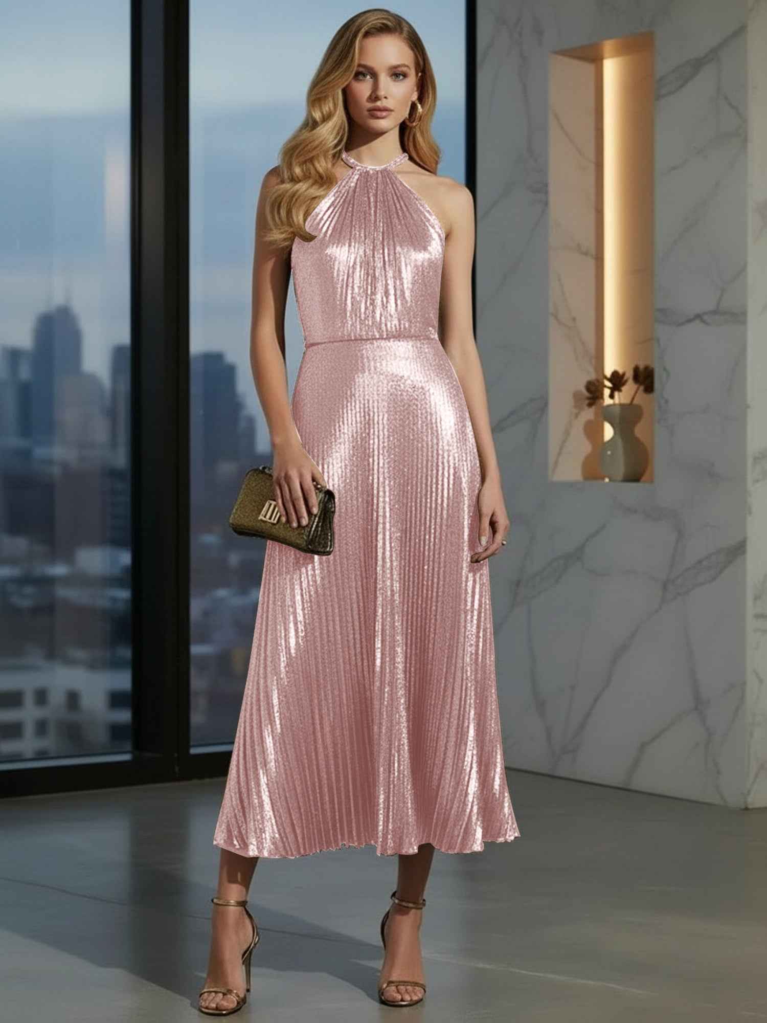 Luxurious Champagne-Gold Pleated Halter Midi Prom Dress