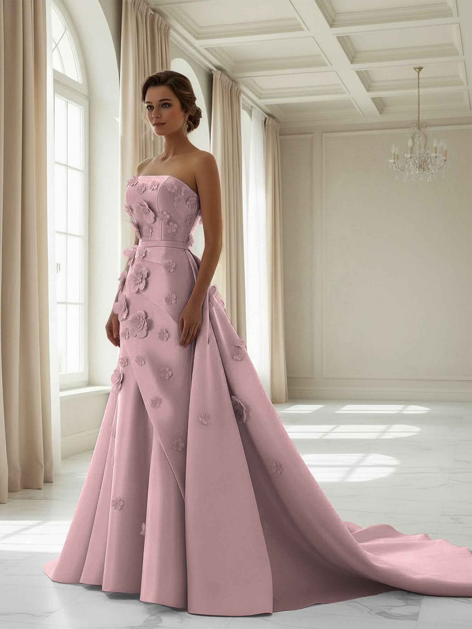 Pink A Line Satin Strapless Prom Dress with 3D Floral Appliques