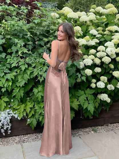 Blue A Line V-neck Beaded Back Tie Long Prom Dress