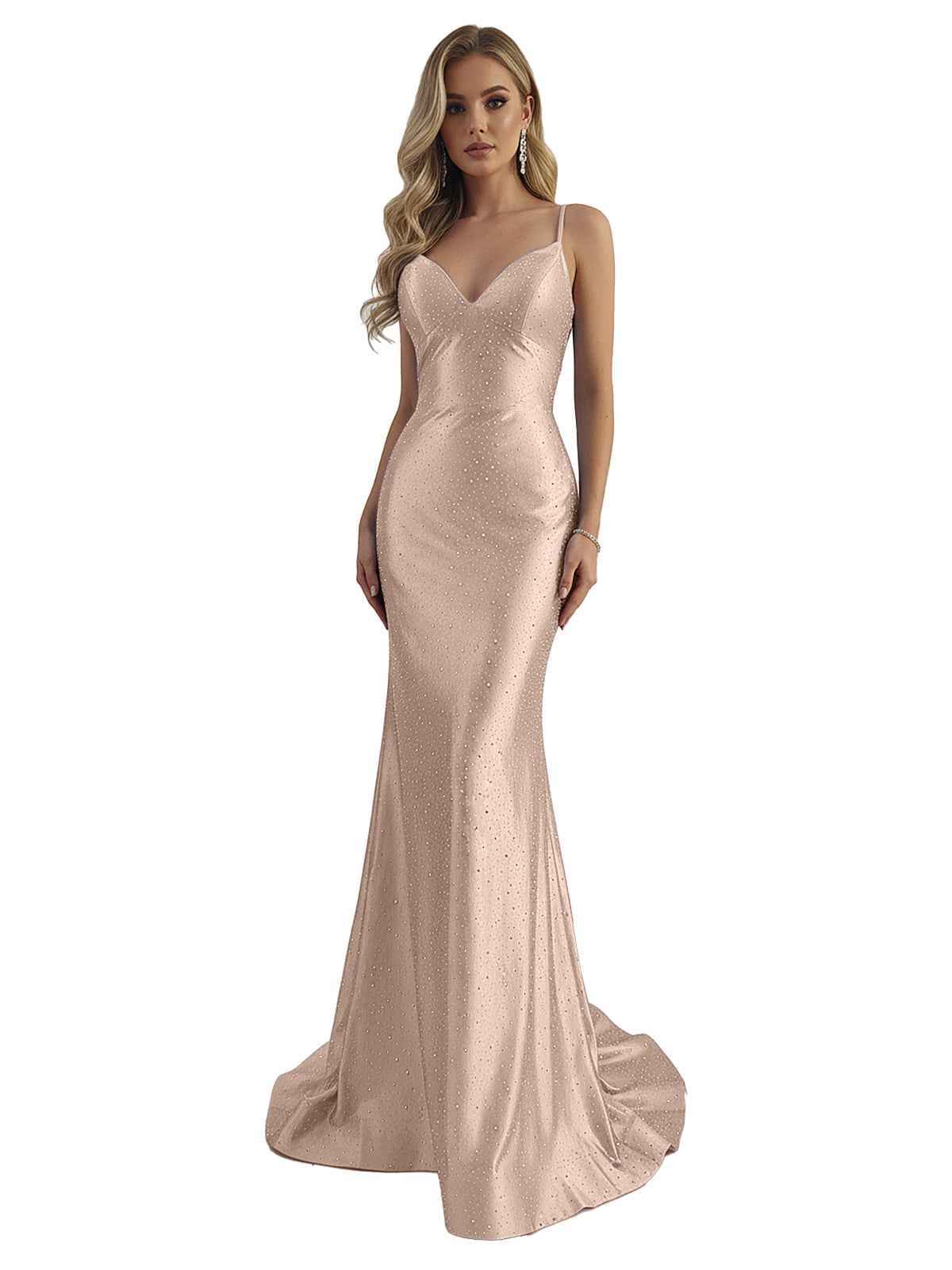 Blue Mermaid Spaghetti Straps V-Neck Rhinestone Long Prom Dress