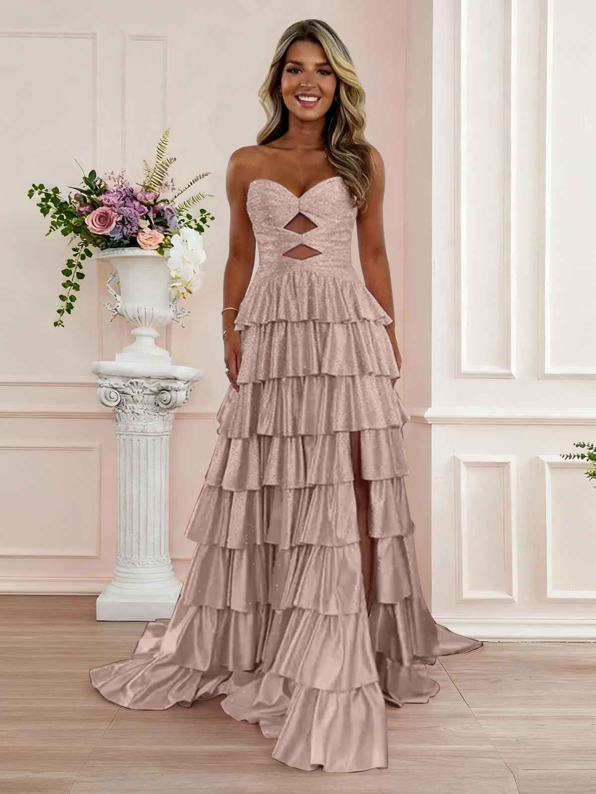 A Line Strapless Sweetheart Satin Prom Dress with Keyhole