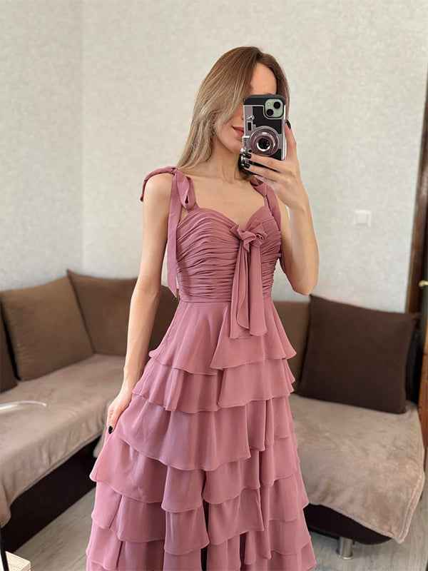 Dusty Rose A-Line Sweetheart Chiffon Tiered Long Prom Dress with Slit