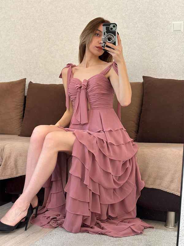 Dusty Rose A-Line Sweetheart Chiffon Tiered Long Prom Dress with Slit