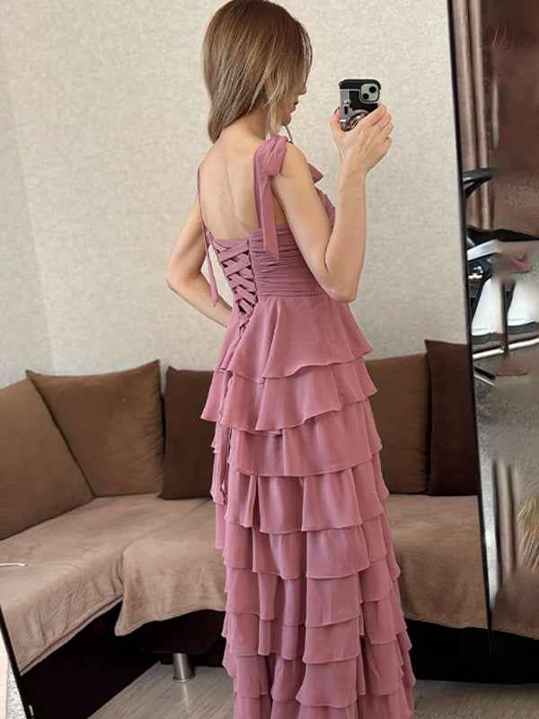 Dusty Rose A-Line Sweetheart Chiffon Tiered Long Prom Dress with Slit