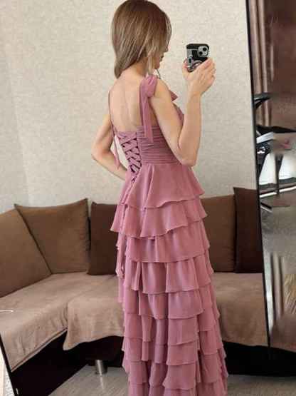 Dusty Rose A-Line Sweetheart Chiffon Tiered Long Prom Dress with Slit