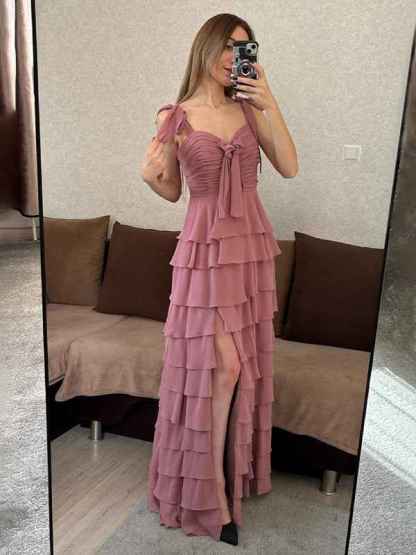 Dusty Rose A-Line Sweetheart Chiffon Tiered Long Prom Dress with Slit