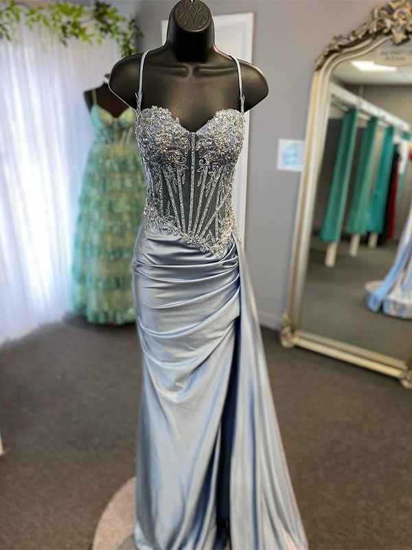 Green Mermaid Spaghetti Straps Bodice Long Prom Dress with Beads