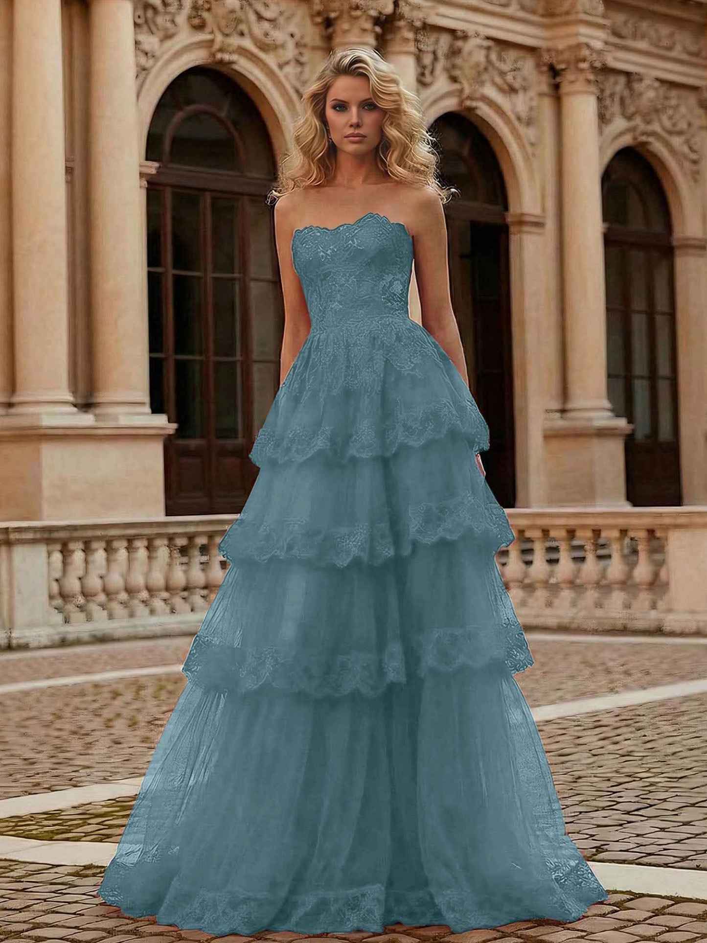 Red Tiered Tulle Strapless Lace Bodice A-Line Long Prom Dress