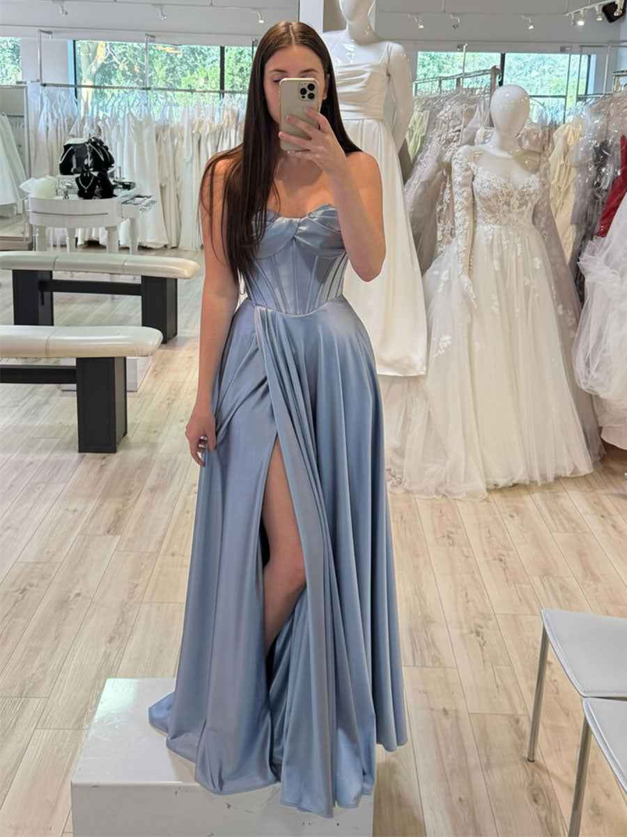 Dusty Blue Strapless Corset Bodice Satin Prom Dress with Slit