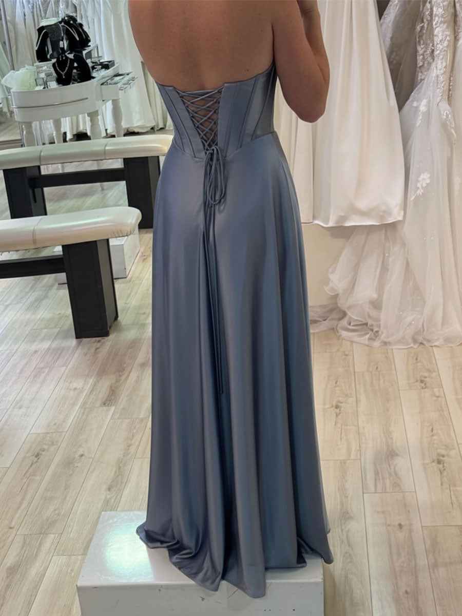 Dusty Blue Strapless Corset Bodice Satin Prom Dress with Slit