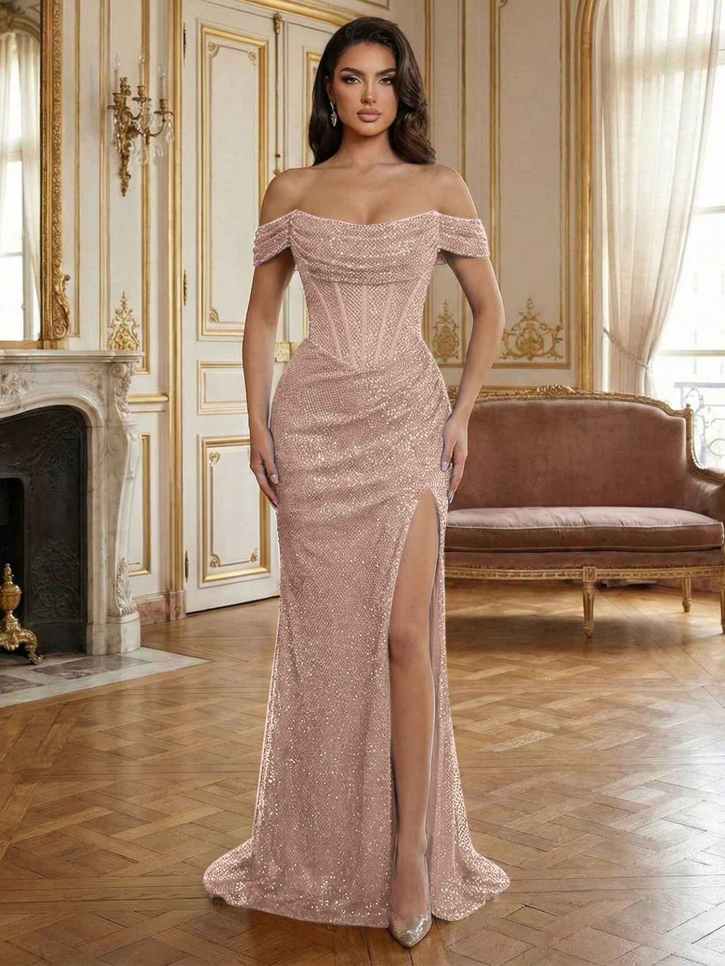 Sequin Off-the-Shoulder Corset Bodice Long Prom Dress with Slit
