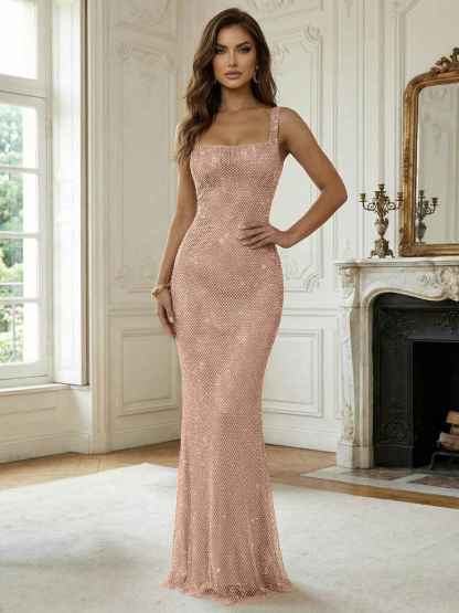 Crystal-Embellished Mermaid Long Prom Dress with Square Neckline