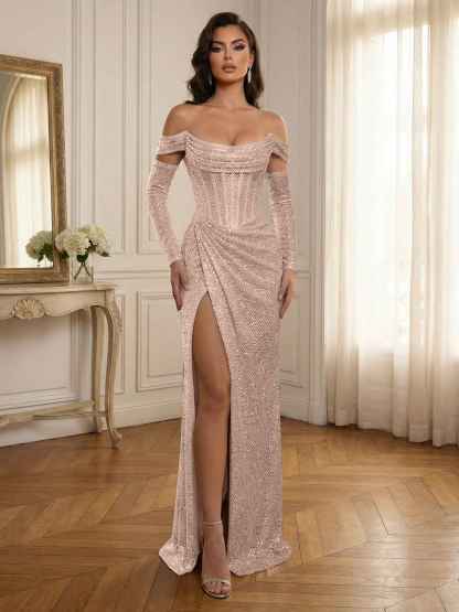Silver Sequin Off-the-Shoulder Long Sleeves Corset Prom Dress with Slit