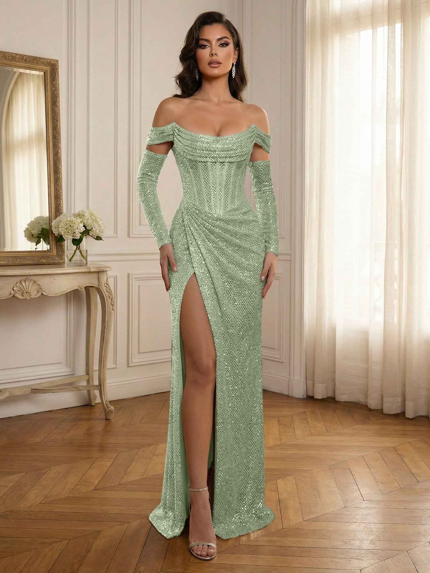 Silver Sequin Off-the-Shoulder Long Sleeves Corset Prom Dress with Slit