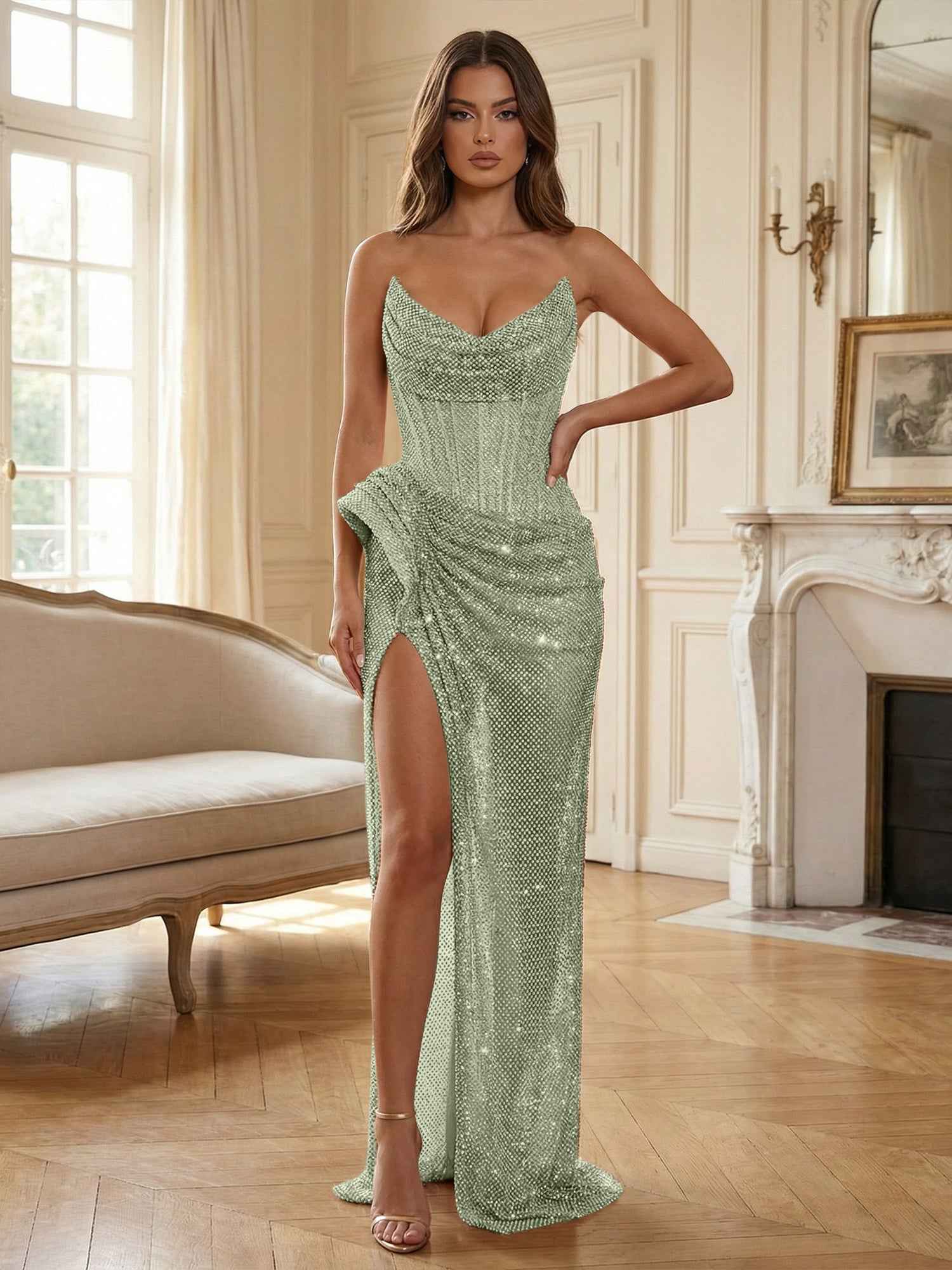 Champagne Gold Crystal-Embellished Corset Long Prom Dress with Slit