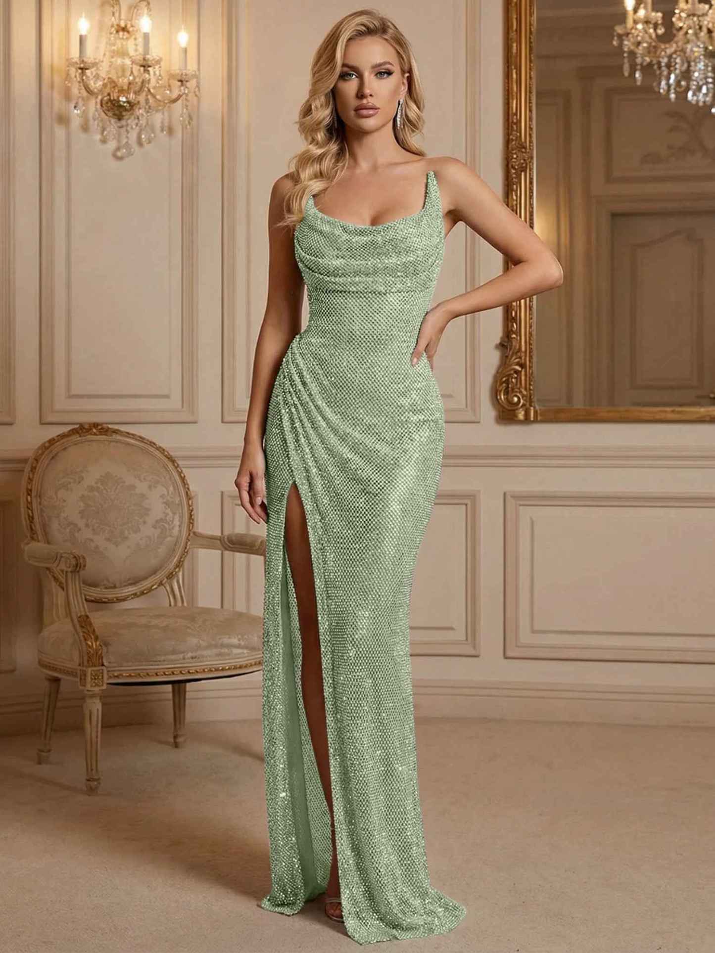 Silver Sequin Cowl Neck Ruched Long Prom Dress with High Slit