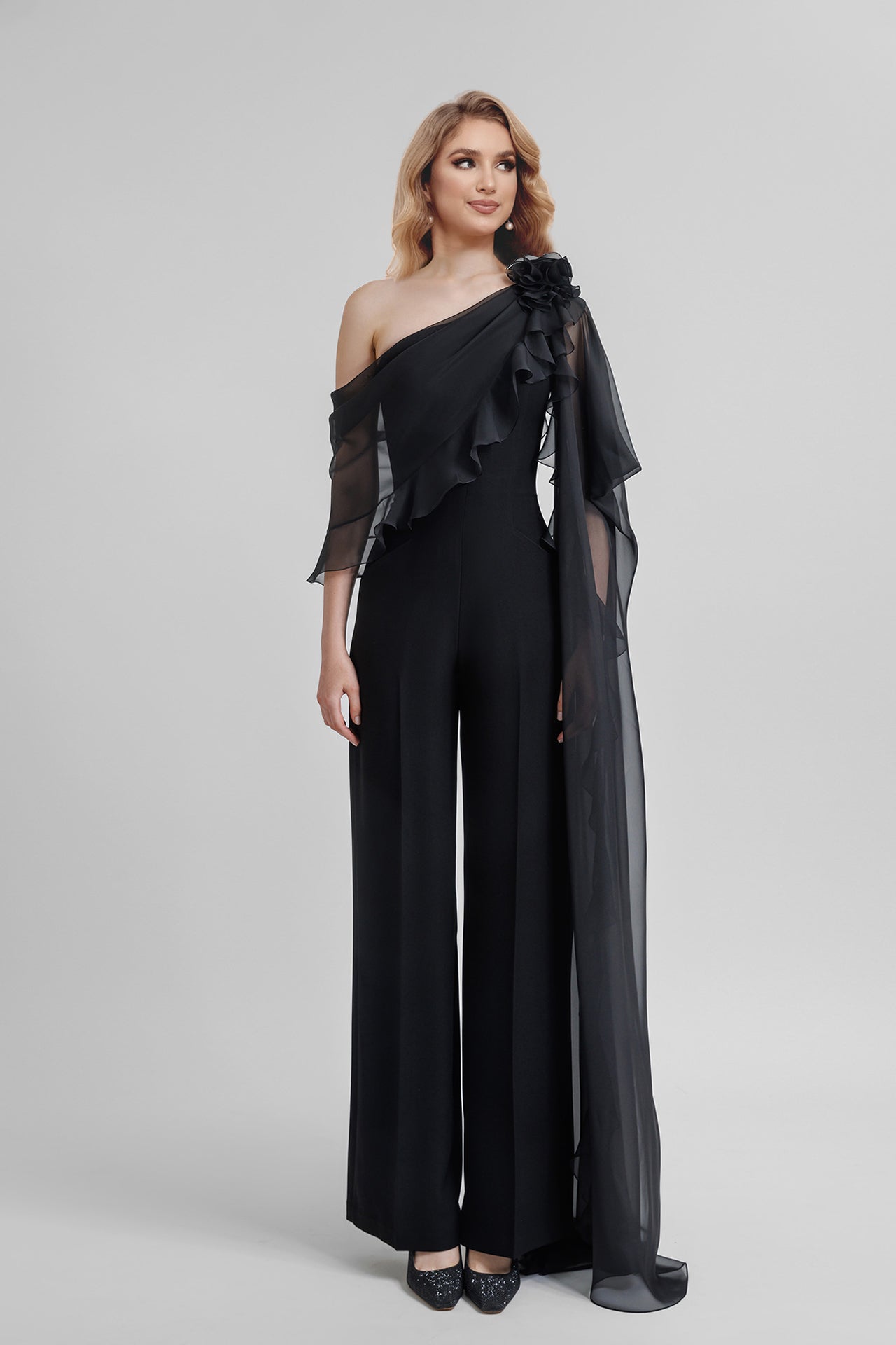 Chiffon Mother of the Bride One-Shoulder Jumpsuit with Half Sleeves
