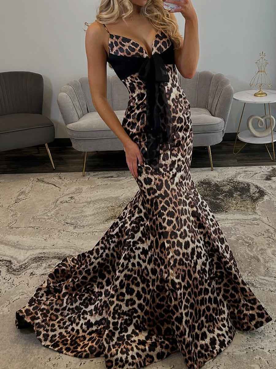Elegance Leopard Print Mermaid Prom Dress with Black Bow Detail