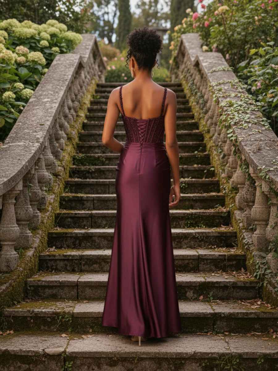 Elegant Beaded Corset Mermaid Long Prom Dress with Slit