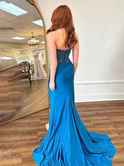 Dark Blue Mermaid Strapless Glitter Top Long Satin Prom Dress with Slit
