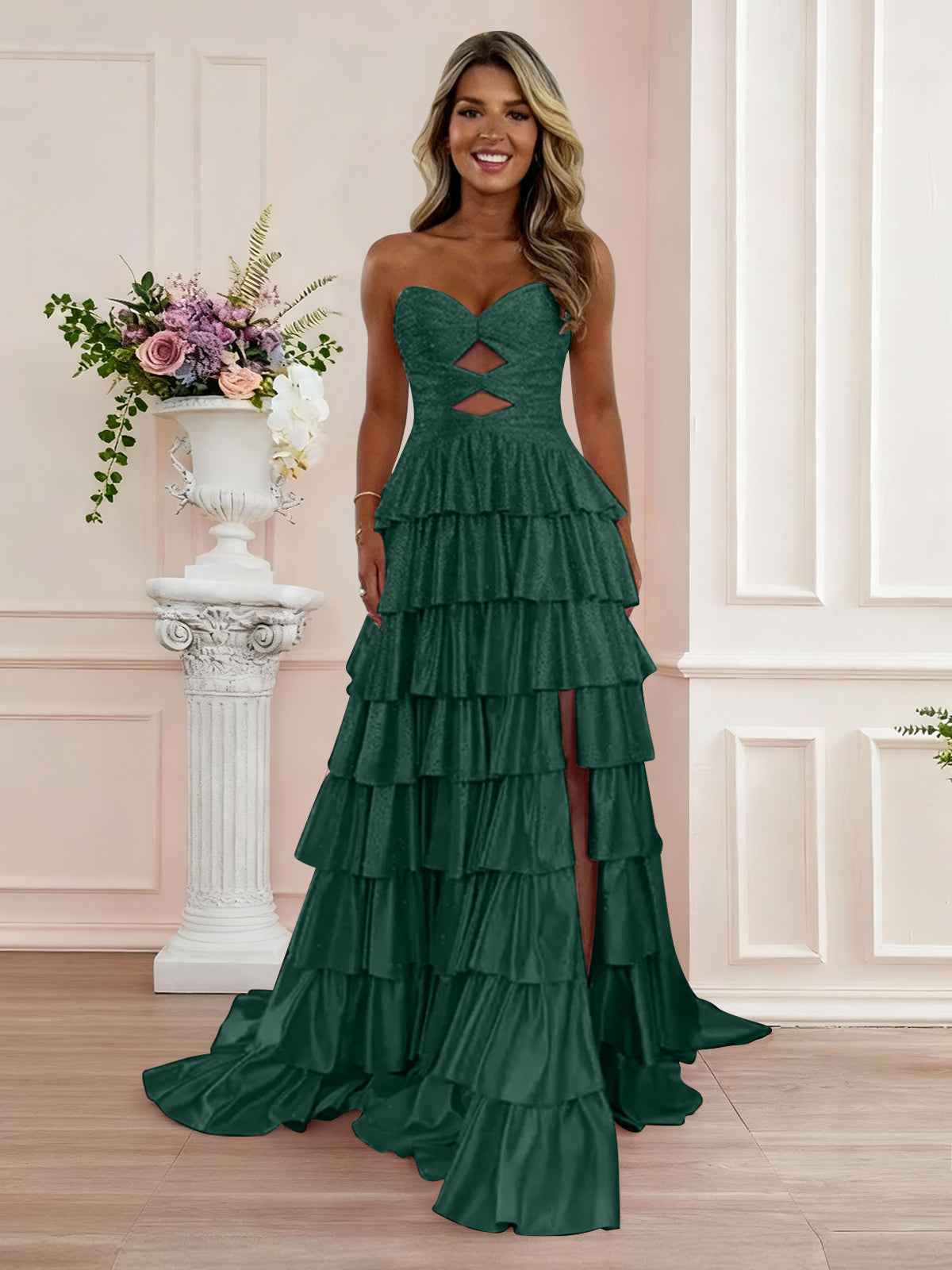 A Line Strapless Sweetheart Satin Prom Dress with Keyhole